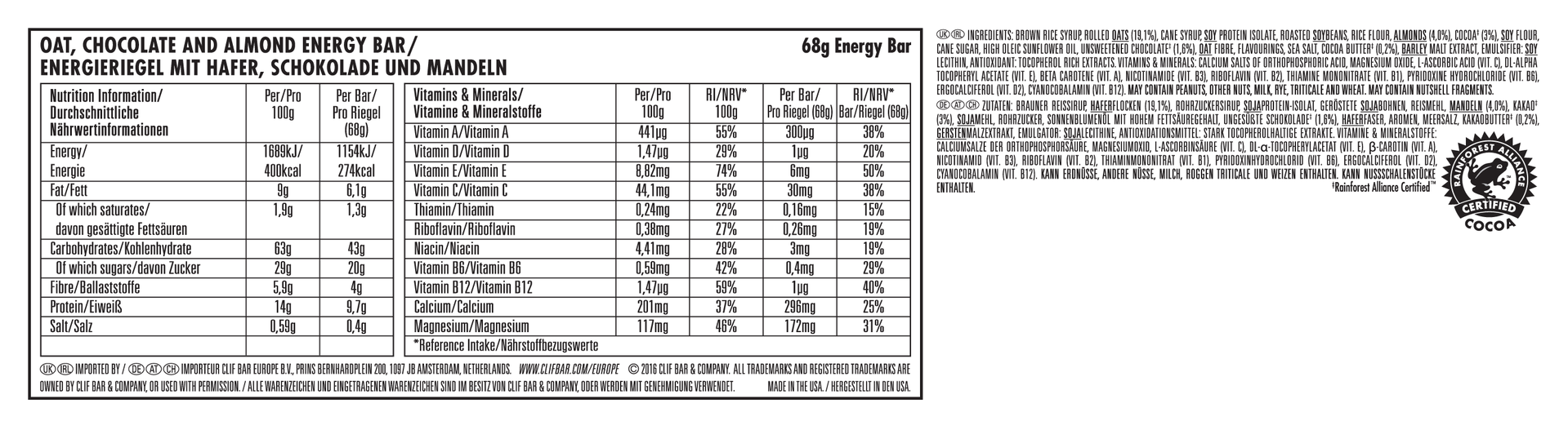 CLIF Bar CHOCOLATE ALMOND FUDGE Energieriegel, 68g [MHD:05.06.23] (8326431244555)